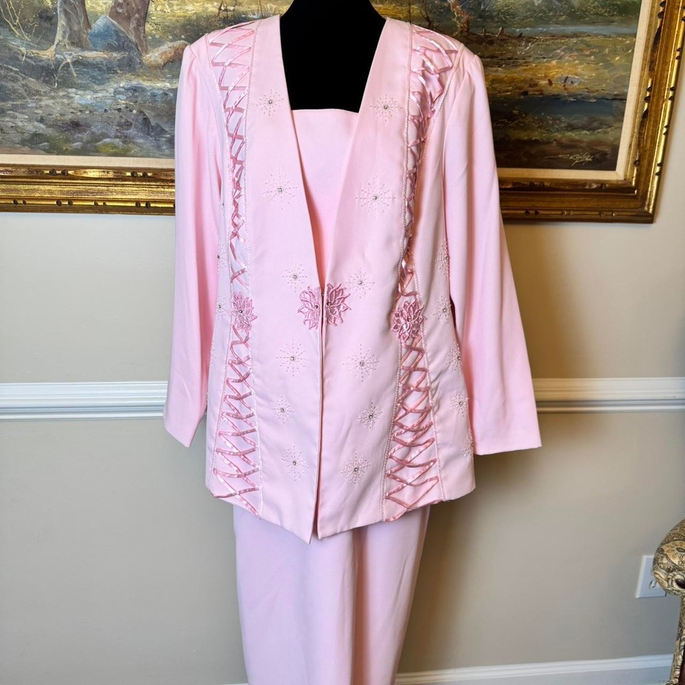 Vintage Justin Taylor Pink 3 Piece Skirt Suit Beaded Floral Ribbon 18W‎ Formal